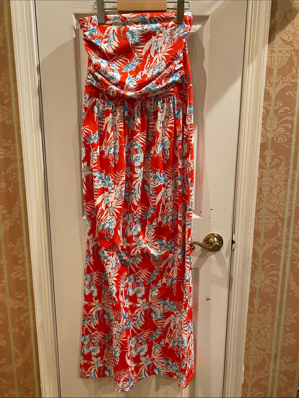 Red Floral Strapless Maxi Dress